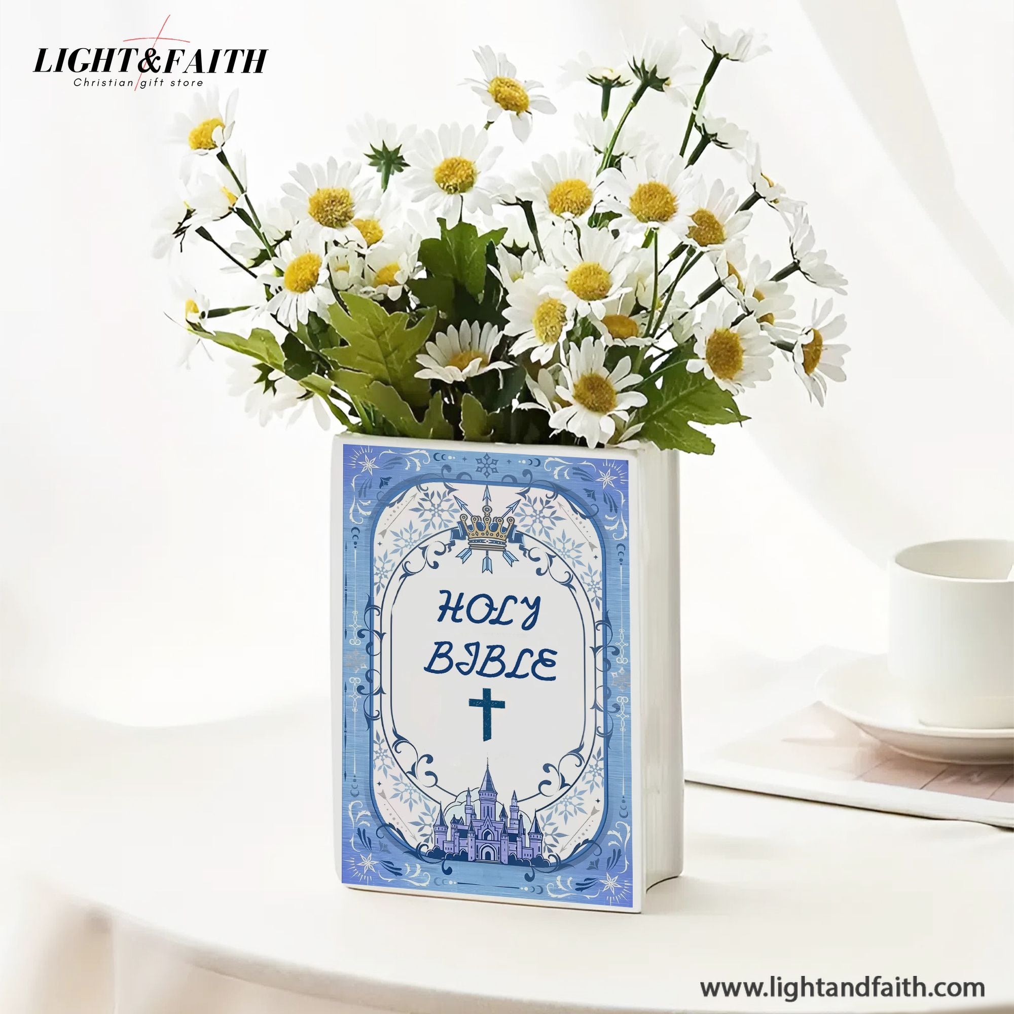 Personalized Holy Bible Book Vase, Blue Ceramic Book with Cross & Scripture, Personalized Christian Gift, Chistmas Gift CBLAF17